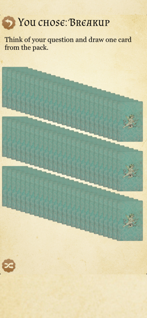 Tarot card selection screen for a breakup reading showing fanned out cards with an angel design