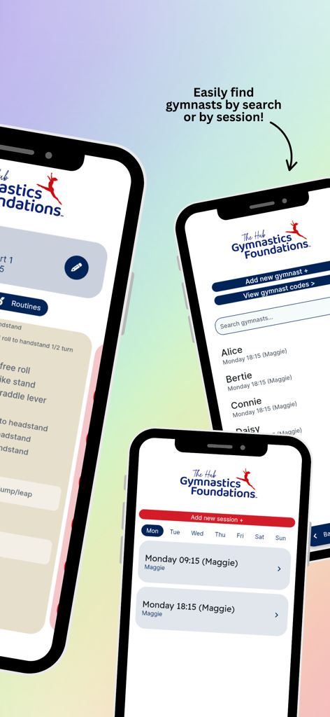 The Hub Gymnastics Foundations - Multiple screenshots of The Hub Gymnastics Foundations app showing gymnast lists, session schedules, and skill tracking routines.