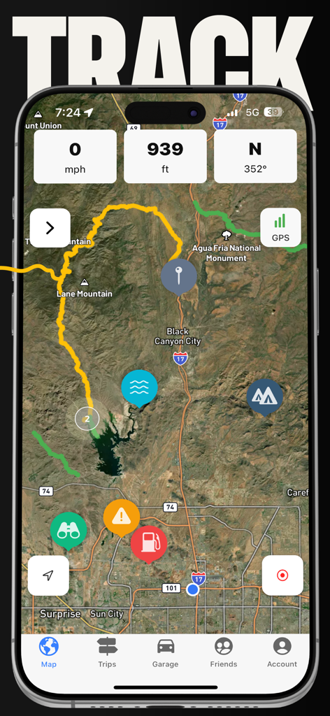 Offroadin’: Trail Maps & GPS - Offroadin app interface showing a satellite trail map with real-time speed, elevation, and heading data.