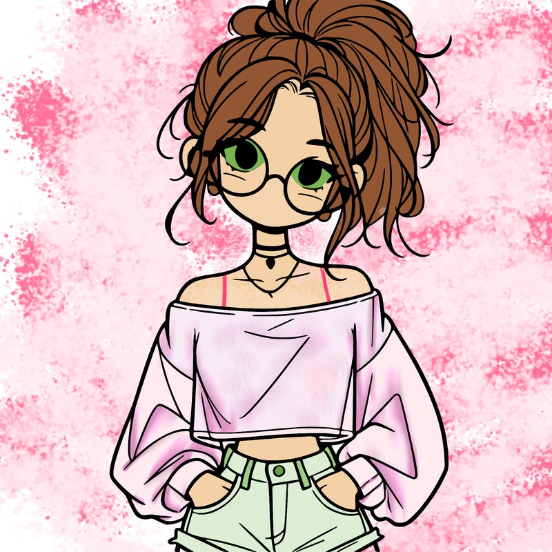 girl with a messy ponytail glasses a baggy crop top and jean shorts