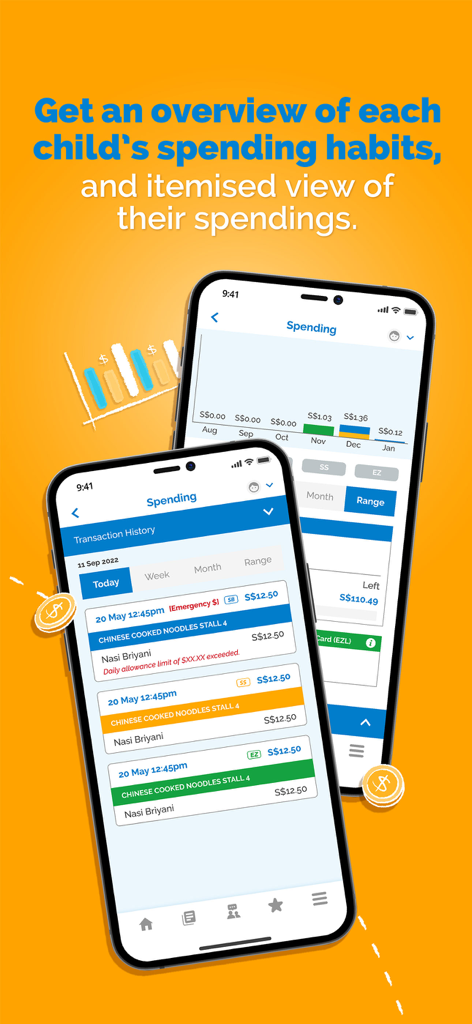 Interfaz de la aplicación POSB Smart Buddy mostrando el historial de transacciones y gráficos de gastos de un niño.