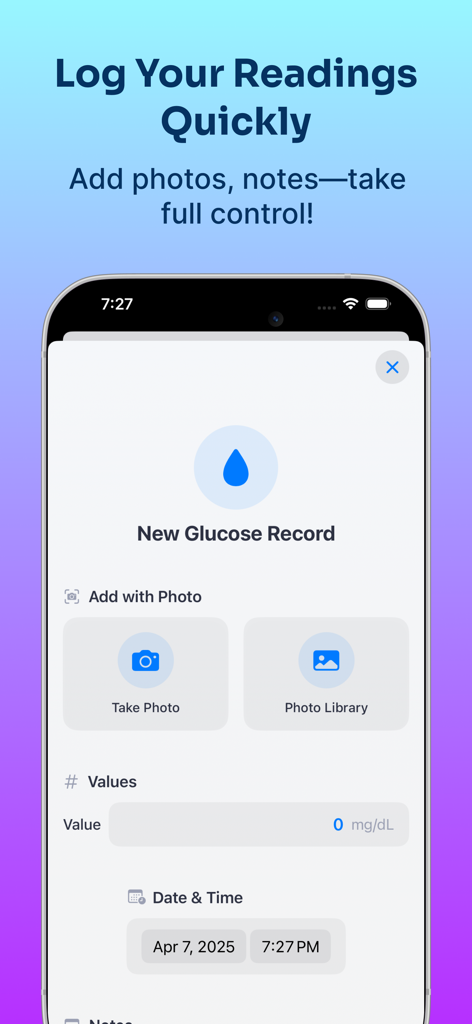 Glu AI: Smart Glucose Tracker - Glu AI app interface for logging glucose readings with photo upload and value entry