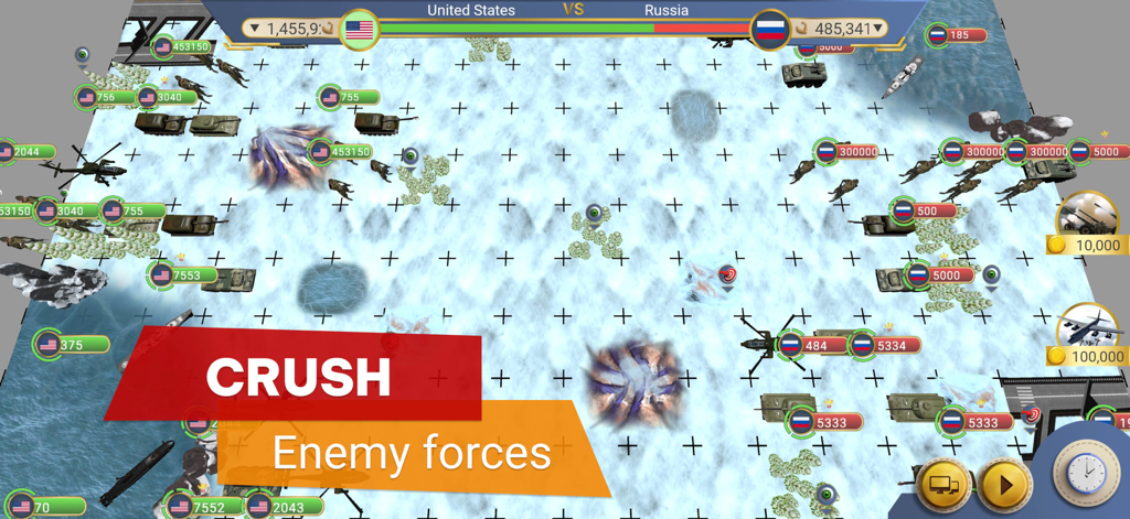 A tactical military strategy map in MA 2 President Simulator showing US and Russian forces with tanks and helicopters.