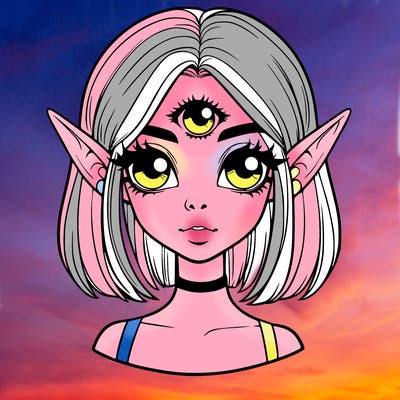 realistic girl with pointy ears and  three eyes