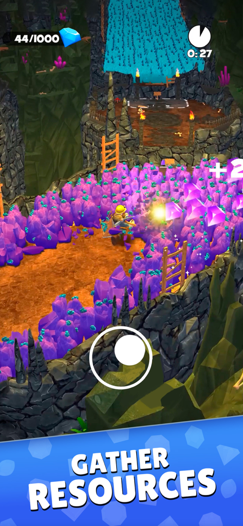 Mine & Slash: Arcade RPG Games - A character mining purple gems in a 3D dungeon level with a Gather Resources label