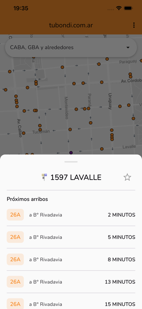 TuBondi: colectivos urbanos - Interfaz de la aplicación TuBondi que muestra los tiempos de llegada de autobuses en tiempo real para la línea 26A y un mapa con paradas de autobuses.