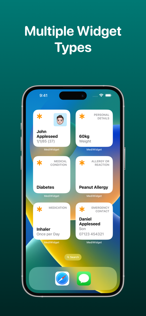 iPhone home screen showing multiple medical ID widgets including personal details, allergies, and emergency contacts
