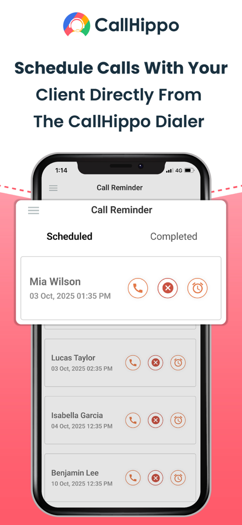 CallHippo - Interface of the CallHippo app showing a list of scheduled client call reminders with contact names and dates.