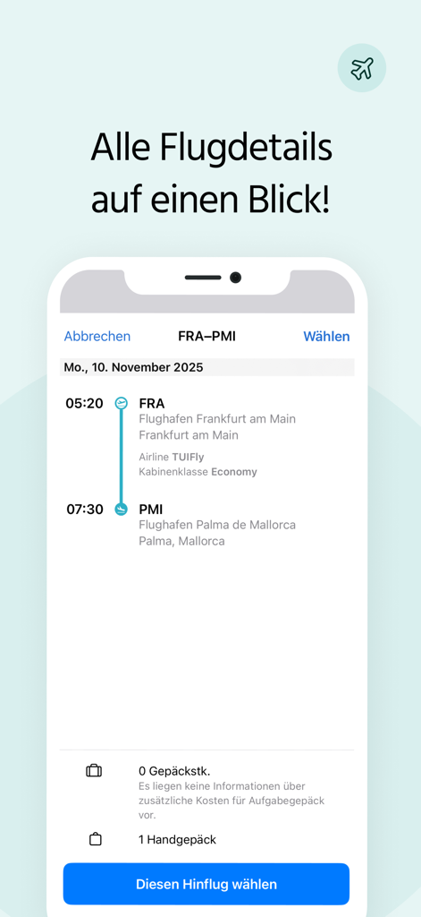 Oberfläche der Fluege.de App, die Flugdetails und Buchungsoptionen auf Deutsch zeigt