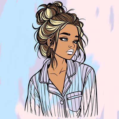 realistic woman with pajamas on and a messy bun