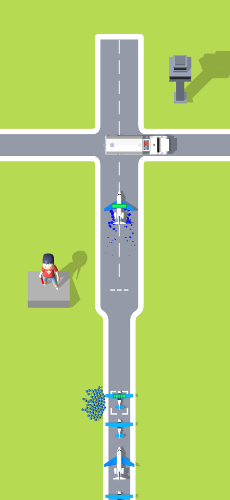 Top-down gameplay of Tower Control Manager showing airport runway traffic and plane management