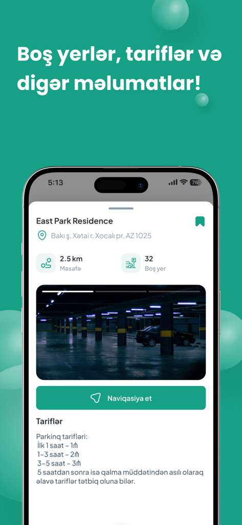 Parkzone - Parkzone mobile app screen displaying parking availability, hourly rates, and navigation options for a specific parking location