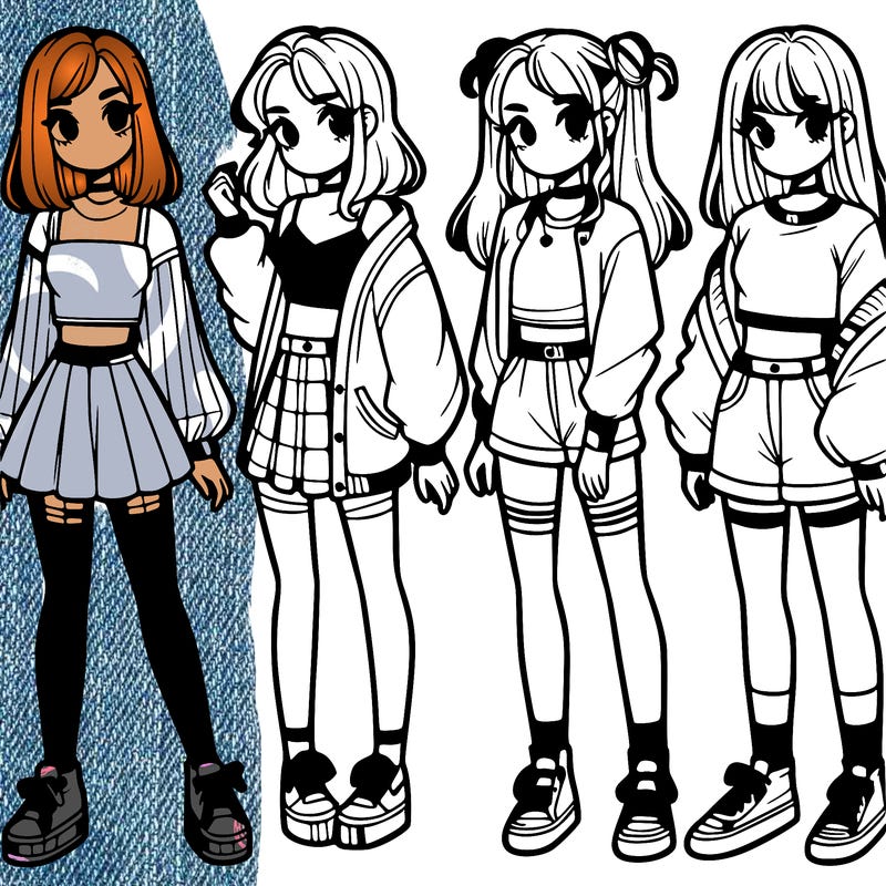 one girl with crop-top shirt and a jacket with a skirt, long socks and another girl with a shirt and pants with a jacket