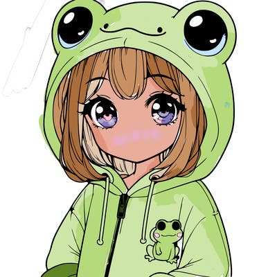 cute realistic girl in a froggy hoodie