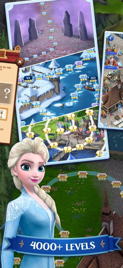 Elsa standing in front of a sprawling game map showing over 4000 levels in the Disney Frozen Free Fall mobile app.
