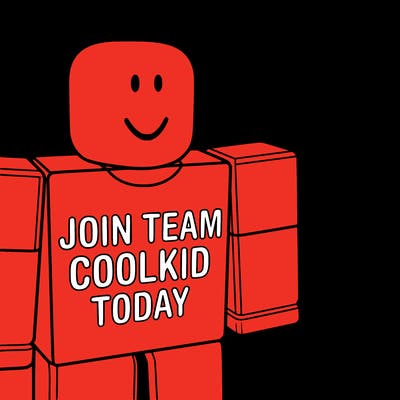 make a roblox guy with a smile face and his shirt says “join team coolkid today”
