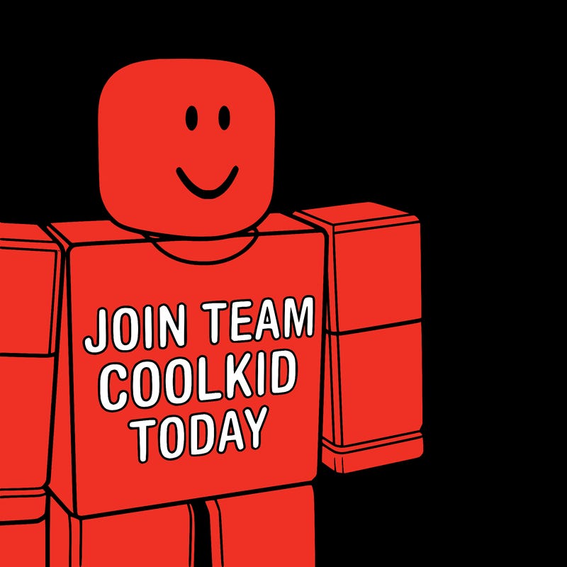 make a roblox guy with a smile face and his shirt says “join team coolkid today”
