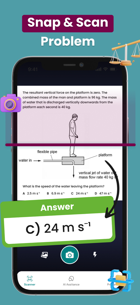 Physics solver－Homework helper - Smartphone scanning a physics homework problem to provide an instant solution