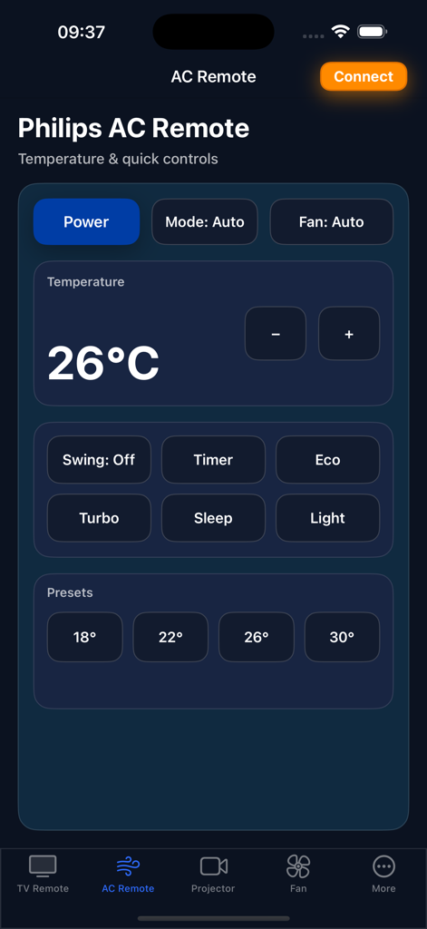 Philips TV Remote ~ - A smartphone screen showing the Philips AC Remote app interface with temperature and cooling control options.