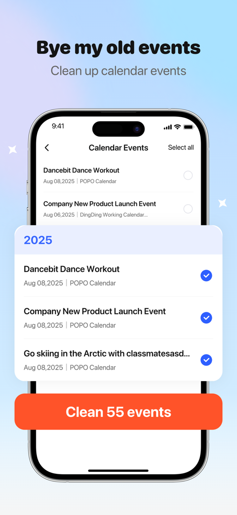 Interface of AI CleanKit showing the calendar detox feature to bulk delete old events