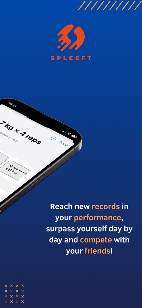 Spleeft - Spleeft app promotional screen displaying strength training records and performance metrics on an iPhone.