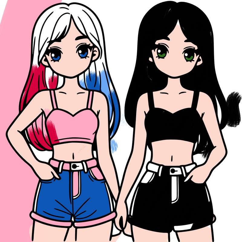 two sisters with crop tops and jean shorts and straight hair