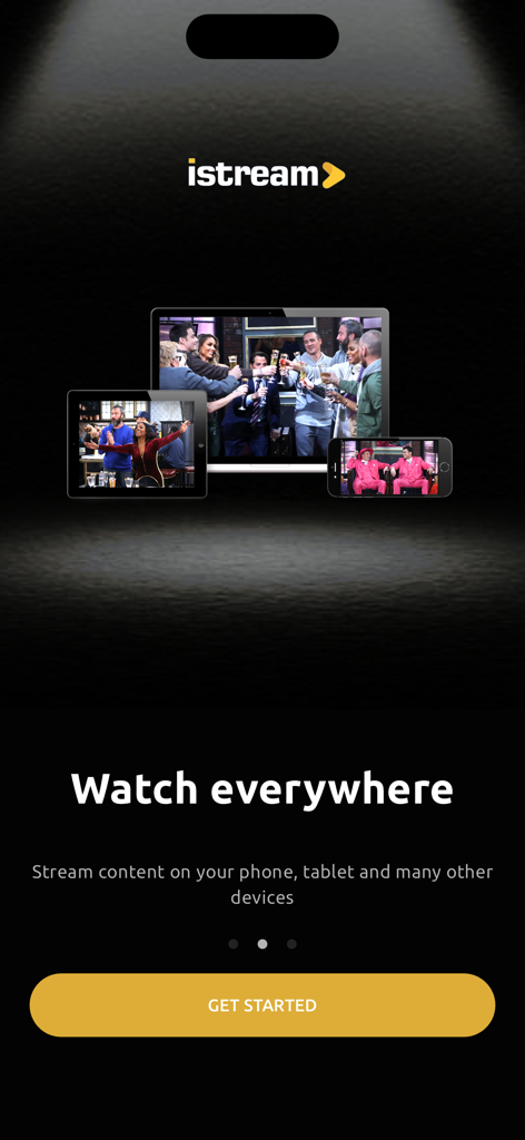 iStream NG - iStream NG app onboarding screen showing video streaming on a laptop tablet and smartphone with a Get Started button