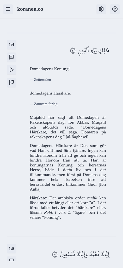 Koranen på svenska zamzam - Interfaz de lectura de la aplicación Koranen pa svenska zamzam mostrando la traducción al sueco y el comentario tafsir.