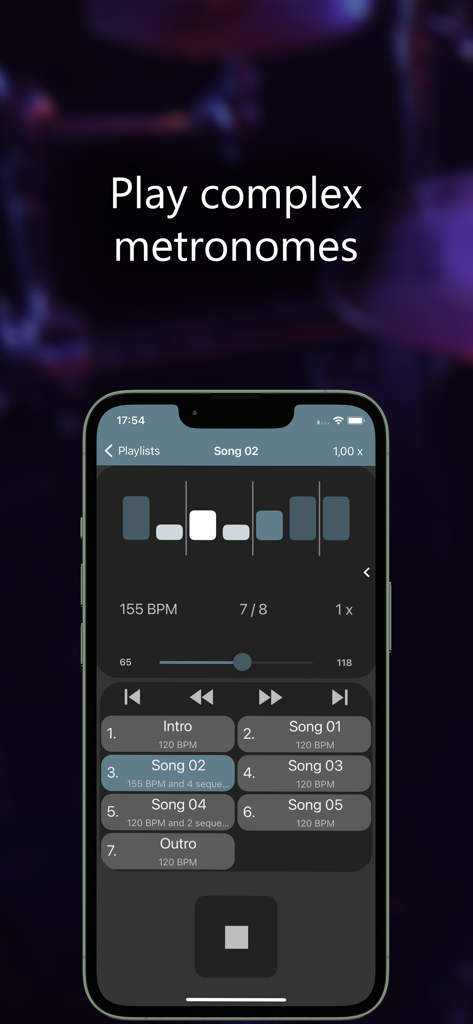 Camtronome - Pro Metronome - Camtronome app interface displaying complex metronome settings and a music playlist