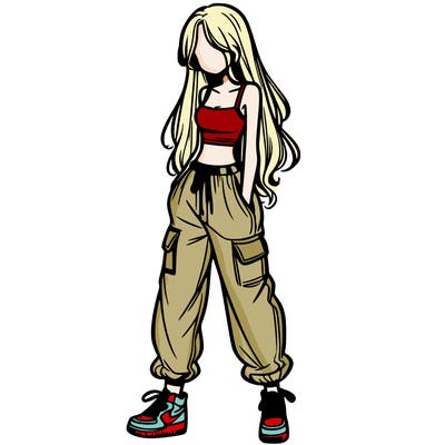 girl in baggy pants crop top and long hair