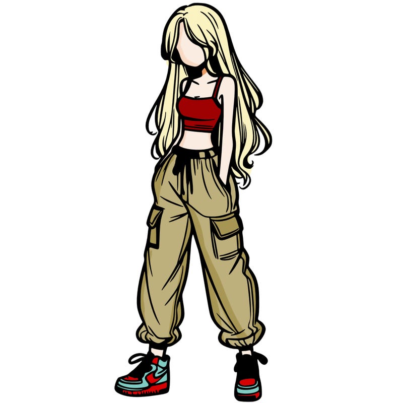 girl in baggy pants crop top and long hair
