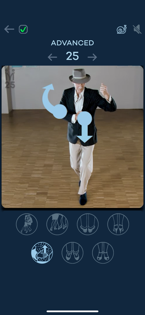 Advanced Milonga dance lesson showing footwork and movement indicators