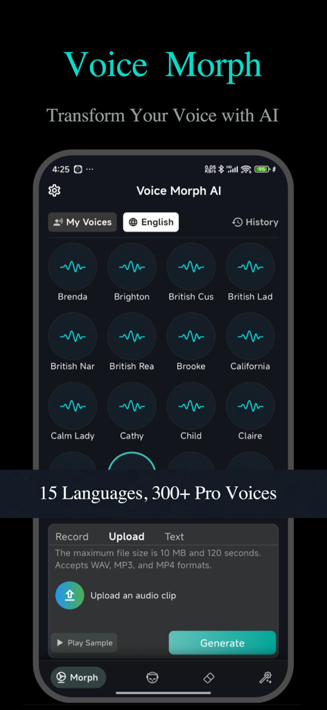 Voice Morph AI: Voice Studio - The Voice Morph AI app interface showing a grid of professional voice options like British Lad and California for voice transformation.