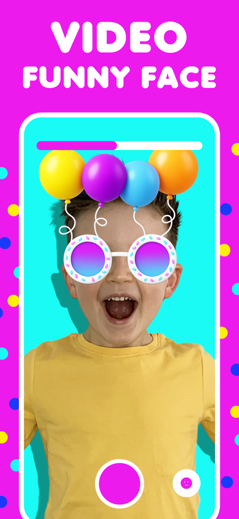 Face filter kids game FluoMask - A child wearing a funny AR mask with balloons and colorful sunglasses