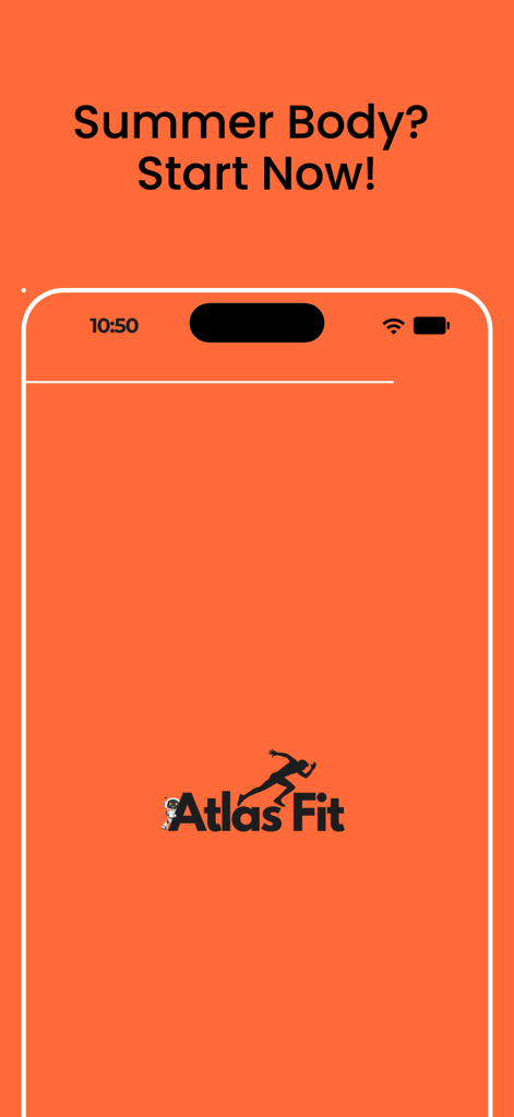 AtlasFit fitness app splash screen with orange background and the text Summer Body Start Now