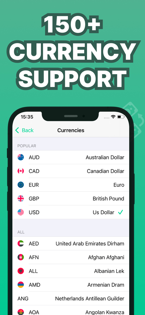 Mobile app interface showing over 150 supported currencies for international debt tracking.