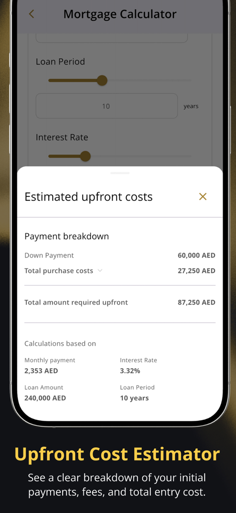Un desglose claro de los costos iniciales y los cálculos hipotecarios en la aplicación AI FEASIBILITY para promotores inmobiliarios