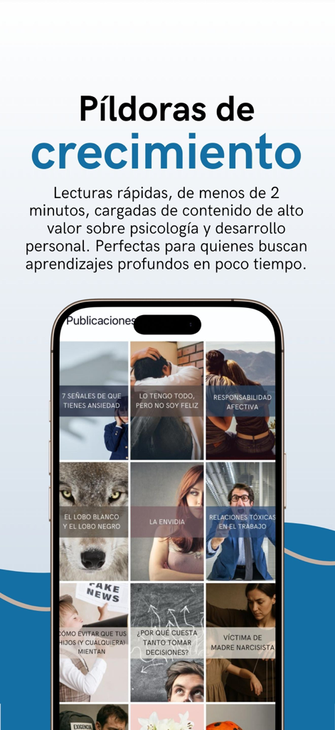 Psicovirtual - Psicovirtualモバイルアプリの画面、心理学と個人の発達に関する簡単な記事を表示