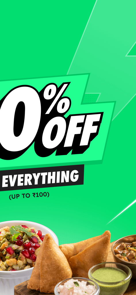 Bistro: Food in minutes - Promotional banner for Bistro food app featuring Indian snacks and a discount on all orders