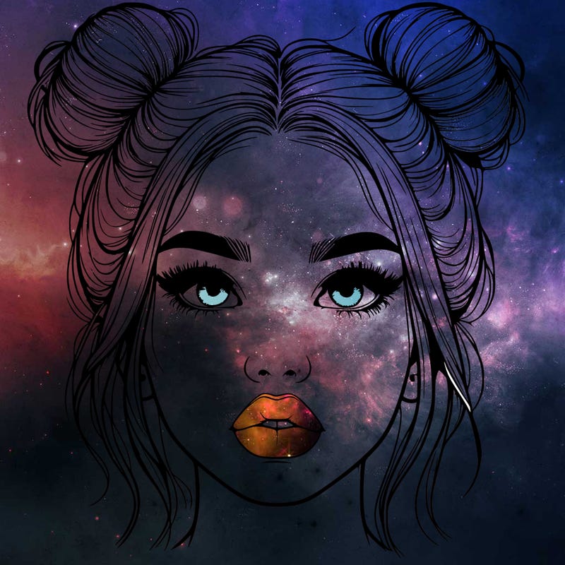 realistic girl with two buns on her hair and lips