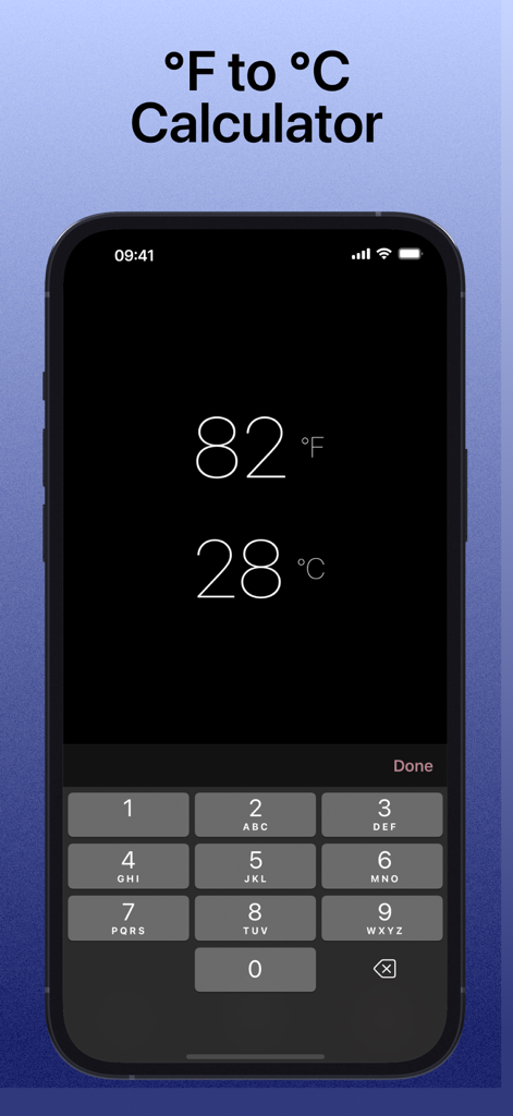 The Weather App by WeatherGo - Mobile app interface showing a Fahrenheit to Celsius calculator with 82 degrees Fahrenheit and 28 degrees Celsius displayed