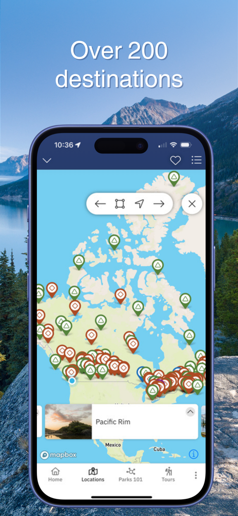 Parks Canada App - Karte der Parks Canada App, die über 200 Parkstandorte in ganz Kanada zeigt