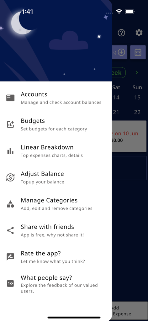 Simple Budget: Expense Manager - Menú de navegación lateral de la aplicación Simple Budget con opciones para gestionar cuentas, presupuestos y categorías.