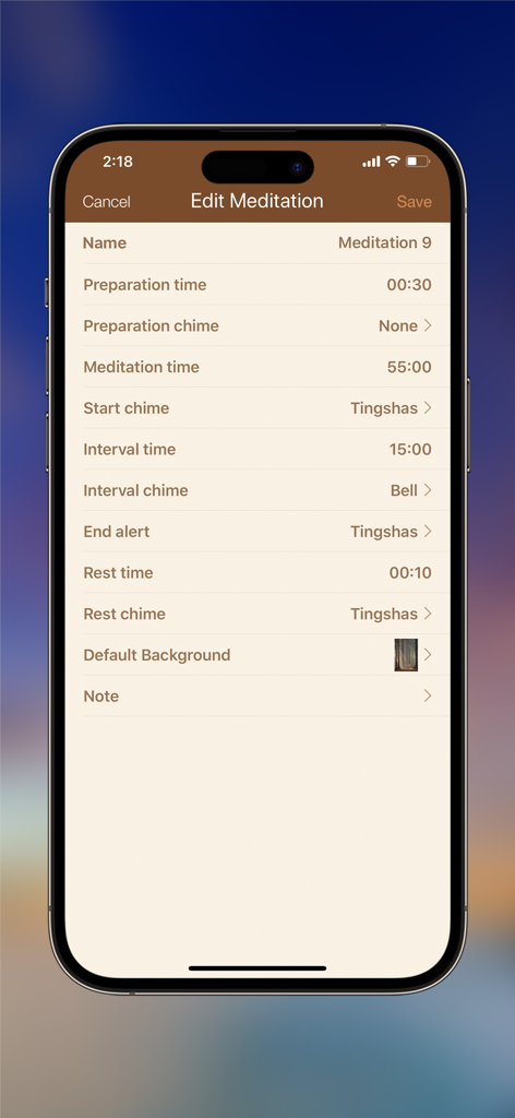 Custom meditation timer settings screen with options for preparation time chimes and interval sounds