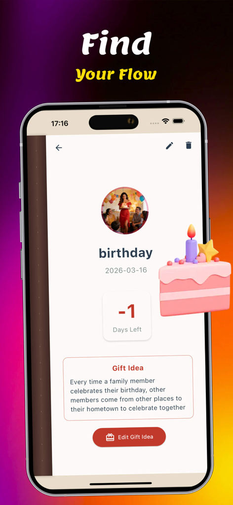 Leon- - Birthday reminder screen with gift ideas and countdown in the Leon lifestyle app.