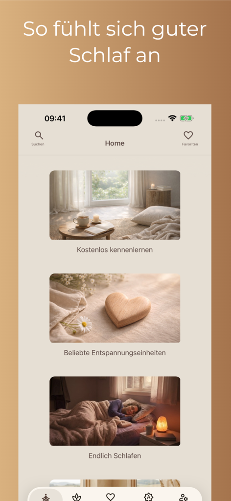 Home screen of the Entspann dich App showing categories for free trials, popular relaxation units, and sleep aids in German