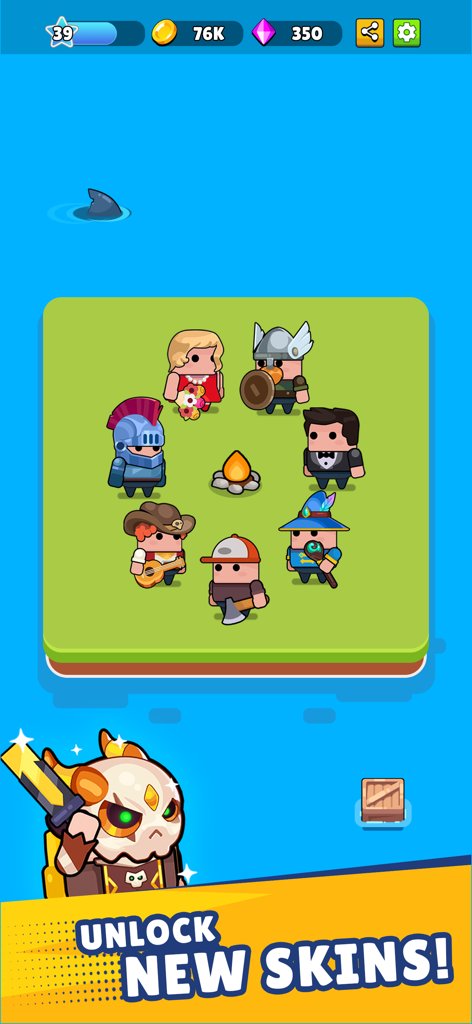 Various character skins gathered around a campfire in Pocket Land mobile game with a text overlay saying unlock new skins