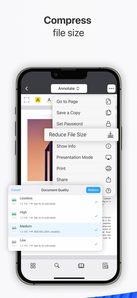 iPhone-Bildschirm, der das Menü der PDF Expert App zur Reduzierung der Dateigröße mit Einstellungen für die Dokumentenqualität zeigt