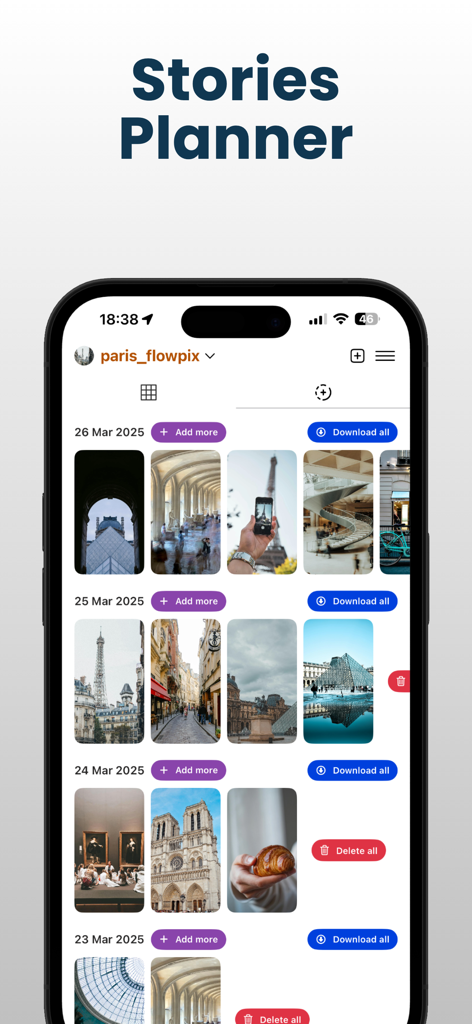 FlowPix Instagram Feed Preview - Interface of the FlowPix app showing the Instagram stories planner with photos organized by date