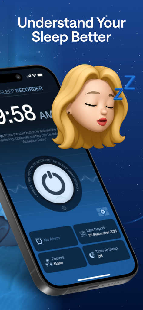 Sleep app interface showing sleep monitoring start button and a sleeping female avatar on a starry night background
